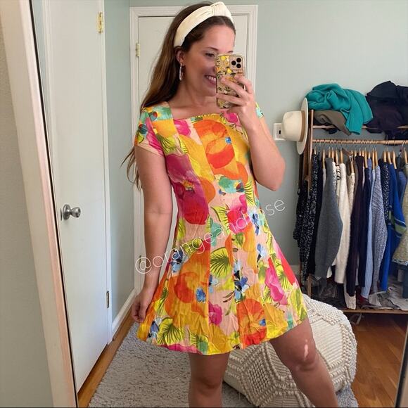 FARM Rio Brazil Vibrant Yellow Orange Tropical Soft Cotton Colorful Mini Dress S - Picture 2 of 12